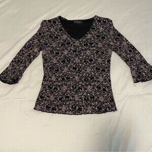 Brittany Black Petite Black Gold Rhinestone V Neck 3/4 Sleeve Top Dressy XS P